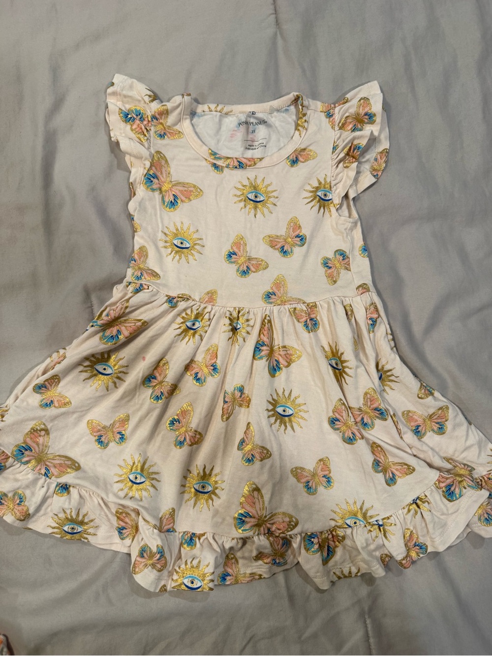 Posh Peanut Cream Dress with Multicolor Butterfly & Sun Motif